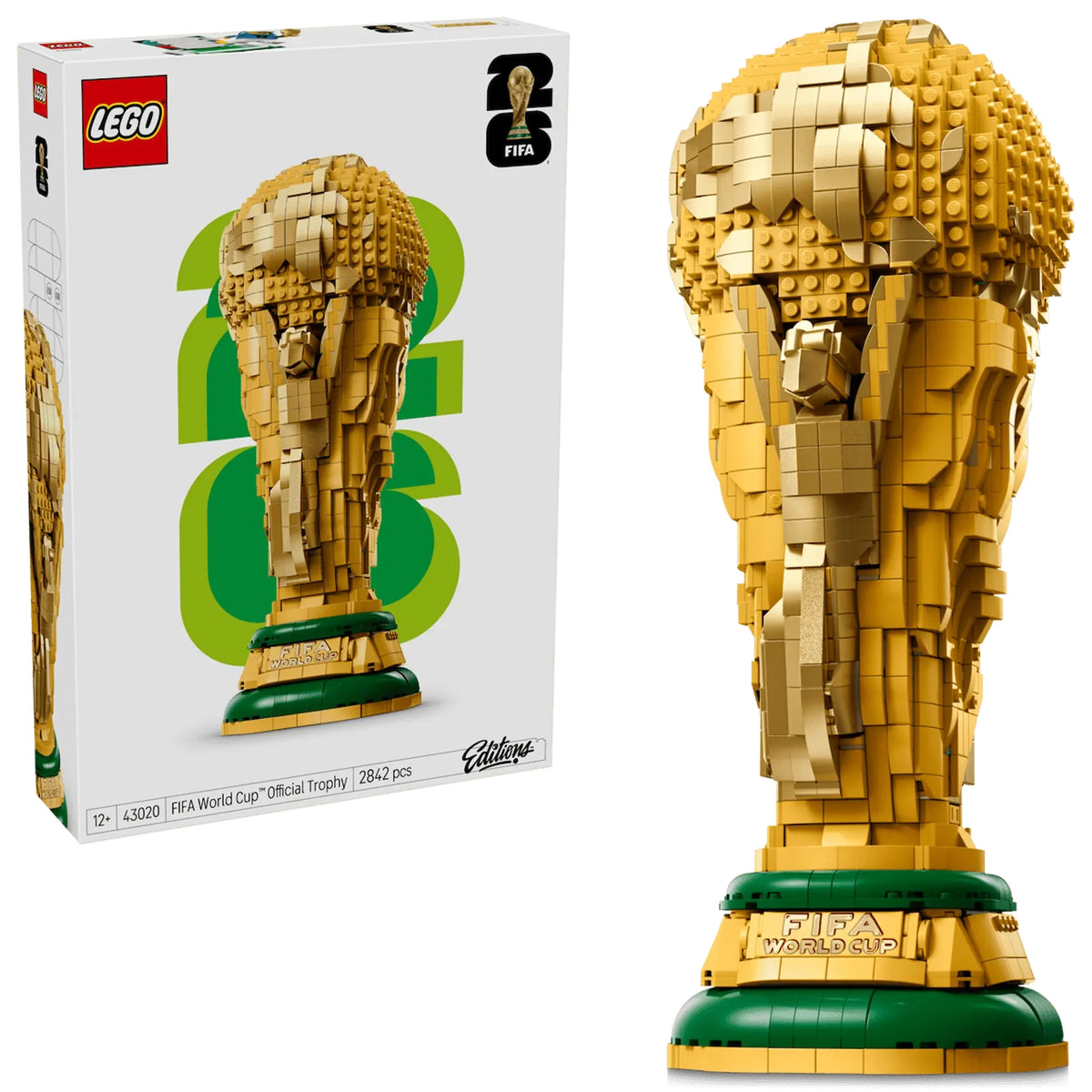 Caja y producto LEGO 43020 Trofeo Copa Mundial FIFA Editions