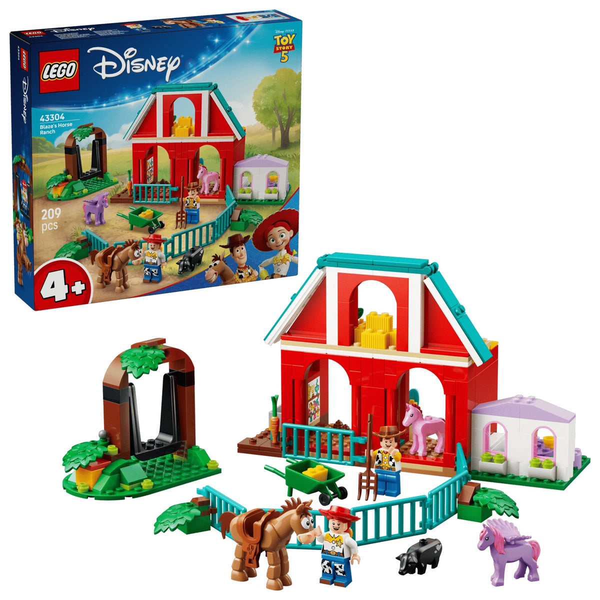 Caja LEGO Disney Toy Story 5 Rancho Ecuestre de Blaze 43304 con establo y personajes
