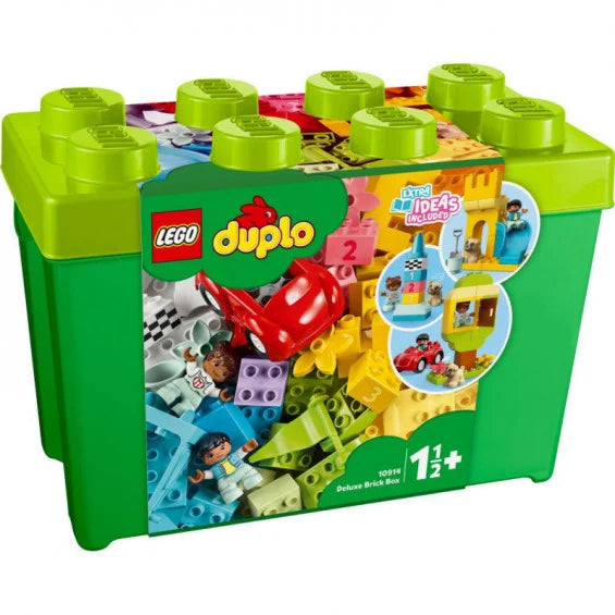 Vista frontal de la caja verde LEGO Duplo 10914 con bloques y figuras.