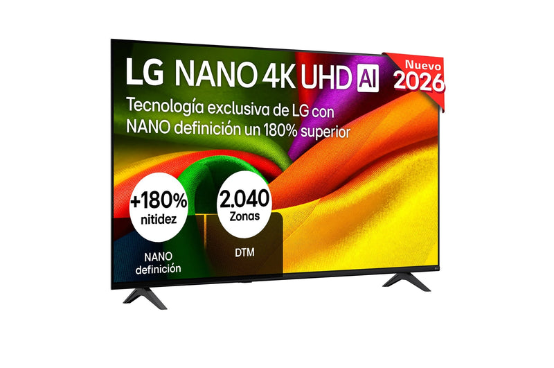 Televisor LG 55NU8E0B3LA NanoCell 4K UHD de 55 pulgadas, gama 2026, vista frontal con peana