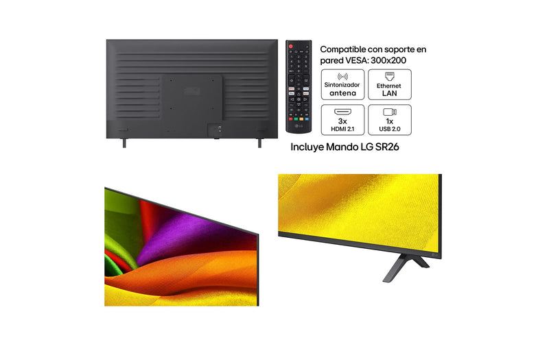 Trasera del LG 55NU8E0B3LA con VESA 300x200, 3 HDMI 2.1, USB, Ethernet y mando LG SR26