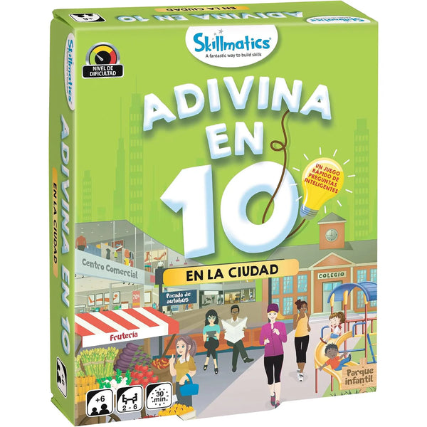 ¡Adivina en 10! En la ciudad de Skillmatics, caja del juego de cartas