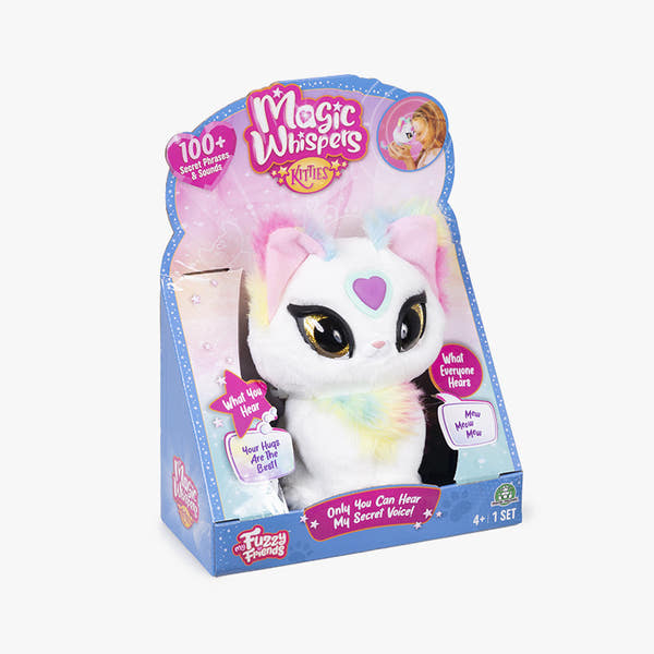Magic Whispers Luna MYG00202 en su caja actual Magic Whispers Kitties, gatito blanco con orejas de colores y corazón rosa