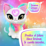 Infografía: peluche Magic Whispers Luna con el corazón iluminado, «Predice el futuro, hace bromas, te cuenta secretos»