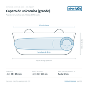 Infografía: el Capazo de unicornios (grande) de Muñecas Antonio Juan (ref. 92107) dibujado a escala, con 45 × 28 × 15,5 cm por fuera y 43 × 26 × 15,5 cm de hueco interior; dentro cabe una muñeca de hasta 42 cm