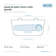 Infografía: el Capazo de palma, flores y vichy (grande) de Muñecas Antonio Juan (ref. 92318) dibujado a escala, con 50 × 32 × 23 cm por fuera y 49 × 31 × 23 cm de hueco interior; dentro cabe una muñeca de hasta 42 cm