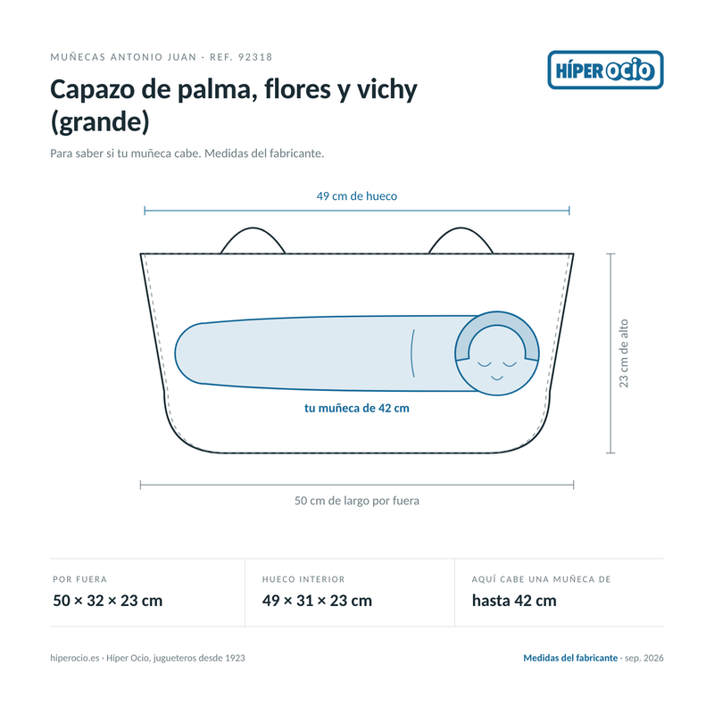 Infografía: el Capazo de palma, flores y vichy (grande) de Muñecas Antonio Juan (ref. 92318) dibujado a escala, con 50 × 32 × 23 cm por fuera y 49 × 31 × 23 cm de hueco interior; dentro cabe una muñeca de hasta 42 cm