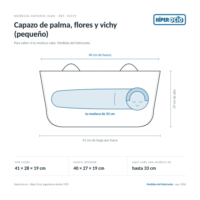 Infografía: el Capazo de palma, flores y vichy (pequeño) de Muñecas Antonio Juan (ref. 92319) dibujado a escala, con 41 × 28 × 19 cm por fuera y 40 × 27 × 19 cm de hueco interior; dentro cabe una muñeca de hasta 33 cm