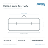 Infografía: el Maleta de palma, flores y vichy de Muñecas Antonio Juan (ref. 92321) dibujado a escala, con 36 × 25 × 14 cm por fuera y 35 × 24 × 14 cm de hueco interior