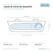 Infografía: el Capazo de unicornios (pequeño) de Muñecas Antonio Juan (ref. 92322) dibujado a escala, con 40 × 26 × 11 cm por fuera y 39 × 25 × 11 cm de hueco interior; dentro cabe una muñeca de hasta 33 cm