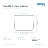 Infografía: el Canastilla de tela de unicornios de Muñecas Antonio Juan (ref. 92323) dibujado a escala, con 20 × 20 × 15 cm por fuera y 19 × 19 × 15 cm de hueco interior