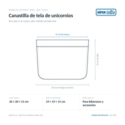Infografía: el Canastilla de tela de unicornios de Muñecas Antonio Juan (ref. 92323) dibujado a escala, con 20 × 20 × 15 cm por fuera y 19 × 19 × 15 cm de hueco interior