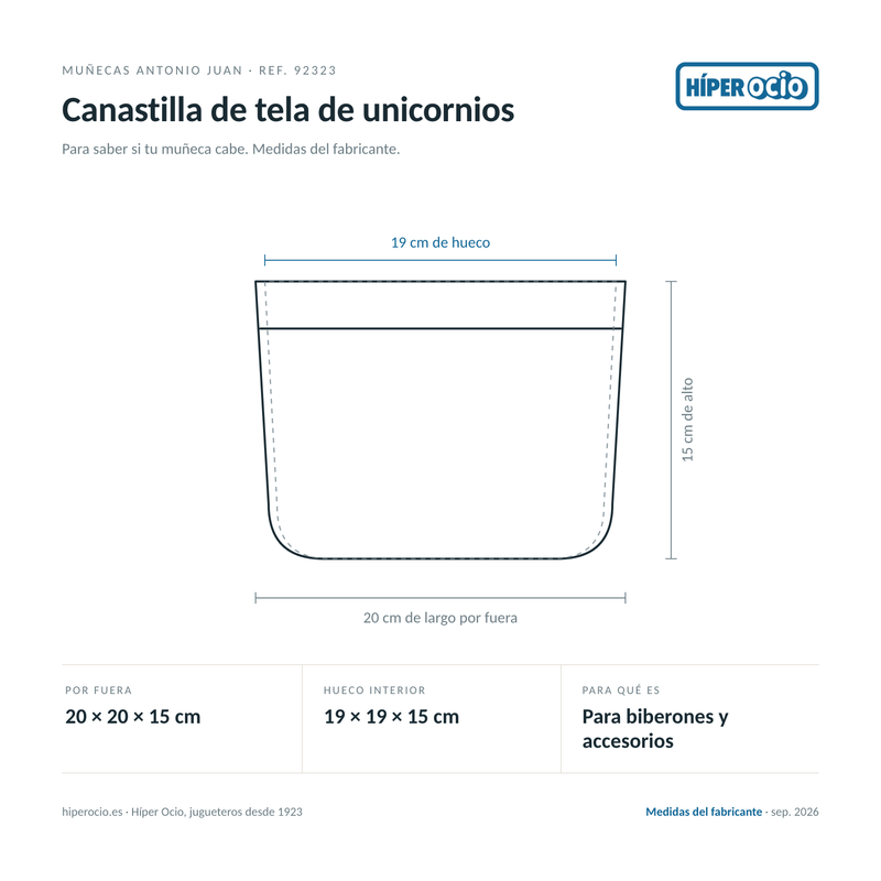 Infografía: el Canastilla de tela de unicornios de Muñecas Antonio Juan (ref. 92323) dibujado a escala, con 20 × 20 × 15 cm por fuera y 19 × 19 × 15 cm de hueco interior