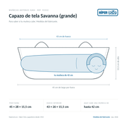 Infografía: el Capazo de tela Savanna (grande) de Muñecas Antonio Juan (ref. 92332) dibujado a escala, con 45 × 28 × 15,5 cm por fuera y 43 × 26 × 15,5 cm de hueco interior; dentro cabe una muñeca de hasta 42 cm