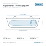 Infografía: el Capazo de tela Savanna (pequeño) de Muñecas Antonio Juan (ref. 92333) dibujado a escala, con 40 × 26 × 11 cm por fuera y 39 × 25 × 11 cm de hueco interior; dentro cabe una muñeca de hasta 33 cm