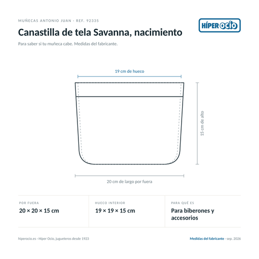 Infografía: el Canastilla de tela Savanna, nacimiento de Muñecas Antonio Juan (ref. 92335) dibujado a escala, con 20 × 20 × 15 cm por fuera y 19 × 19 × 15 cm de hueco interior
