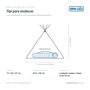 Infografía: el Tipi para muñecas de Muñecas Antonio Juan (ref. 92501) dibujado a escala, con 77 cm de ancho por delante, 60 de fondo y 67 de alto montado, y Ø 21 × 82 cm plegado en su bolsa; dentro cabe cualquier muñeca de la marca, incluida la de 52 cm