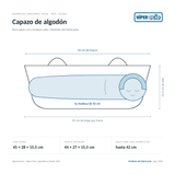 Infografía: el Capazo de algodón de Muñecas Antonio Juan (ref. 92502) dibujado a escala, con 45 × 28 × 15,5 cm por fuera y 44 × 27 × 15,5 cm de hueco interior; dentro cabe una muñeca de hasta 42 cm