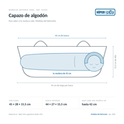Infografía: el Capazo de algodón de Muñecas Antonio Juan (ref. 92502) dibujado a escala, con 45 × 28 × 15,5 cm por fuera y 44 × 27 × 15,5 cm de hueco interior; dentro cabe una muñeca de hasta 42 cm