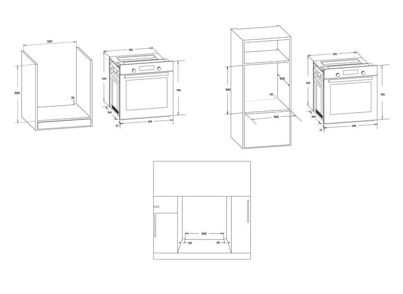 Plano de encastre del horno de gas Vitrokitchen HG602: hueco de 560 x 600 mm