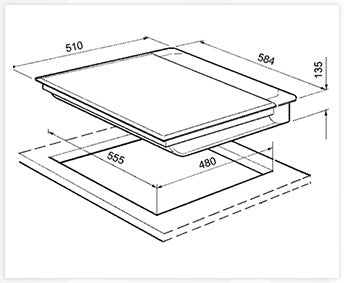 Medidas de la vitrocerámica a gas Vitrokitchen: 584 x 510 mm y hueco de encastre de 555 x 480 mm