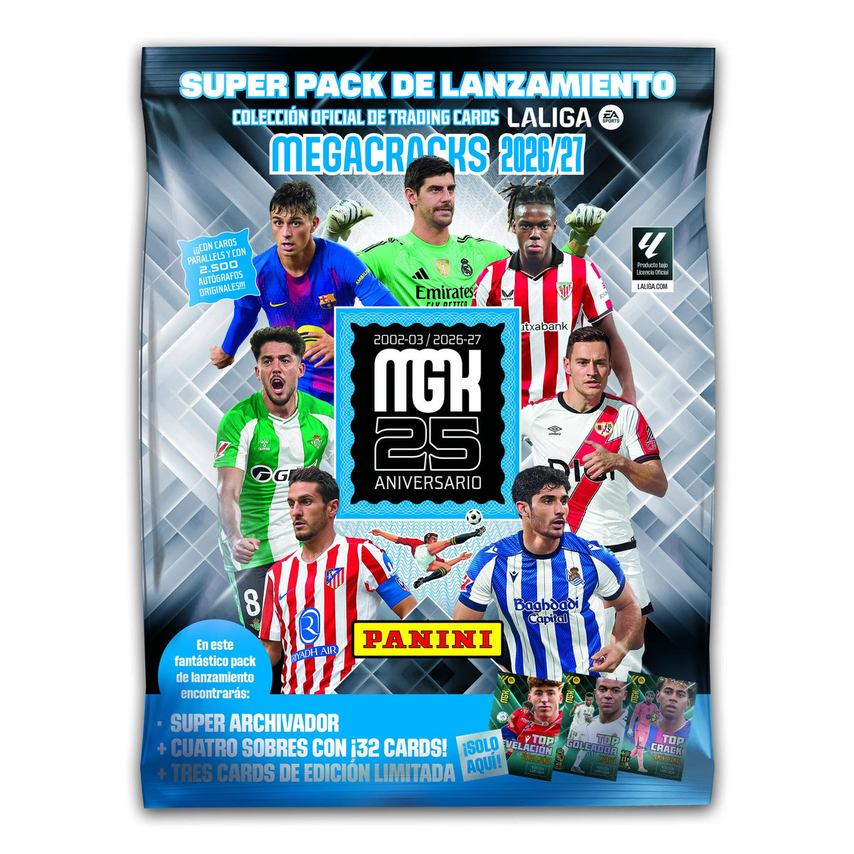 Megapack de lanzamiento Panini MegaCracks 2026/27 con super archivador, 4 sobres y 3 cards de edición limitada