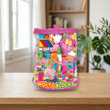 Moltó Bolsa de bloques rosa con 80 piezas (13461) sobre una mesa de madera