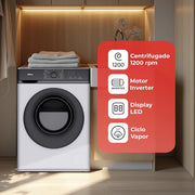 Lavadora Nilson NL6200AI con sus características: centrifugado 1200 rpm, motor Inverter, display LED y ciclo vapor