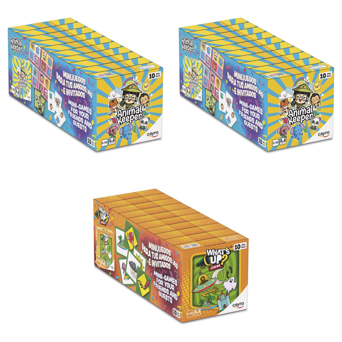 Dos expositores de 10 del Animal Keeper Mini y uno del What's Up? Junior Mini de Cayro: 30 juegos en total