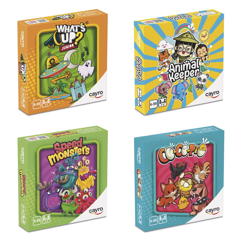 Pack de 4 minijuegos Cayro: las cajas de What's Up? Junior Mini, Animal Keeper Mini, Speed Monsters Mini y Co-co-pio Mini