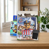Pack Álbum + 10 Sobres Panini Paw Patrol 12 + Deck Box sobre una mesa de madera