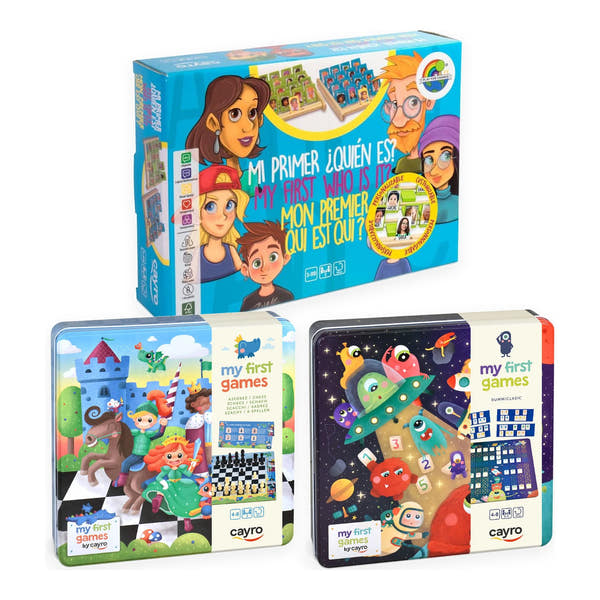 Pack Cayro: caja de Mi Primer ¿Quién es? 849 y latas my first games de ajedrez 169 y Rummiclasic 7044