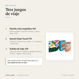 Infografía: qué incluye el pack Cayro de viaje con Parchís y Oca magnético 445, Rummi Travel 755 y Sudoku 110