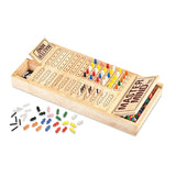 Master Mind de madera Cayro 626 abierto, con el tablero, las clavijas de colores y las piezas sueltas delante