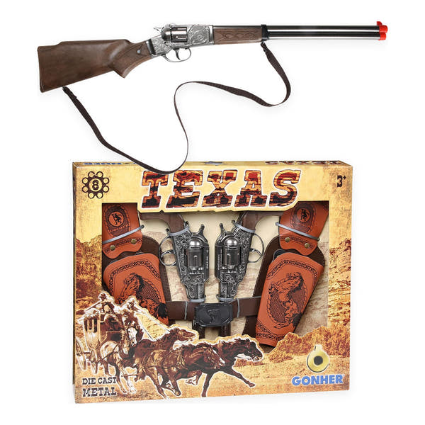 Pack Gonher: Rifle Cowboy 98/0 plateado con correa y caja del Set Texas 234/0 con dos revólveres y cartucheras