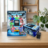 Pack Tin Box 25 Aniversario + Megapack Panini MegaCracks 2026/27 + Deck Box sobre una mesa de madera