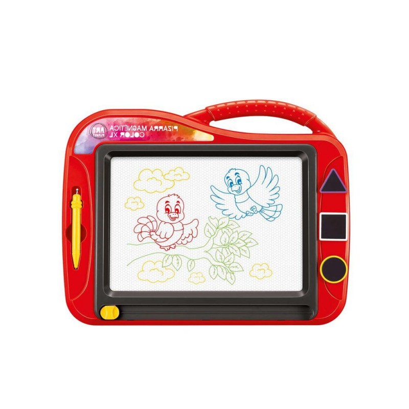 Un Toy Planet Pizarra Magnética Color XL Surtido rojo (6K870) con mango y un lápiz óptico amarillo adherido al costado. La pantalla muestra dos pájaros de dibujos animados, uno rojo y otro azul, entre nubes y follaje. Los botones de formas de colores en el lado derecho mejoran la creatividad para dibujar y borrar en este juguete educativo de Toy Planet.
