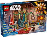 LEGO Star Wars Calendario de Adviento 2025 set 75418 mostrando personajes construidos: WALL-E, EVE blanca, droide médico festivo, BB-8 muñeco de nieve y otros droides del taller de Babu Frik
