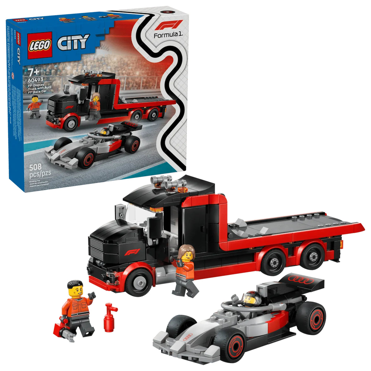 Caja y set completo LEGO City 60493 camión F1 Audi minifiguras accesorios
