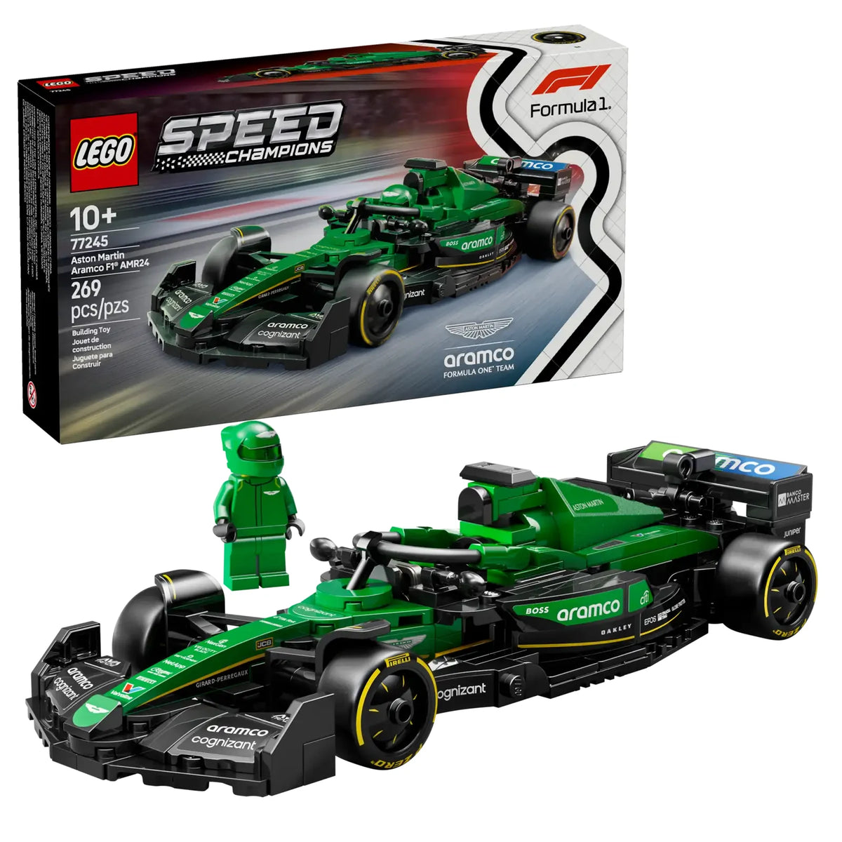 Set LEGO Speed Champions 77245 Aston Martin Aramco F1 AMR24 con 269 piezas, incluye minifigura de piloto con casco y traje oficial, detalles auténticos del monoplaza de Fórmula 1 2024 con alerón trasero, halo, suspensión de doble horquilla y neumáticos Pirelli
