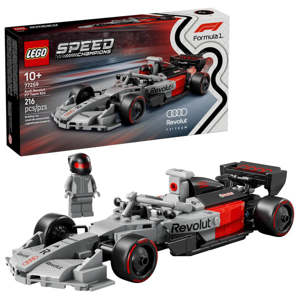 Caja y set LEGO 77259 Audi Revolut F1 minifigura piloto casco gris
