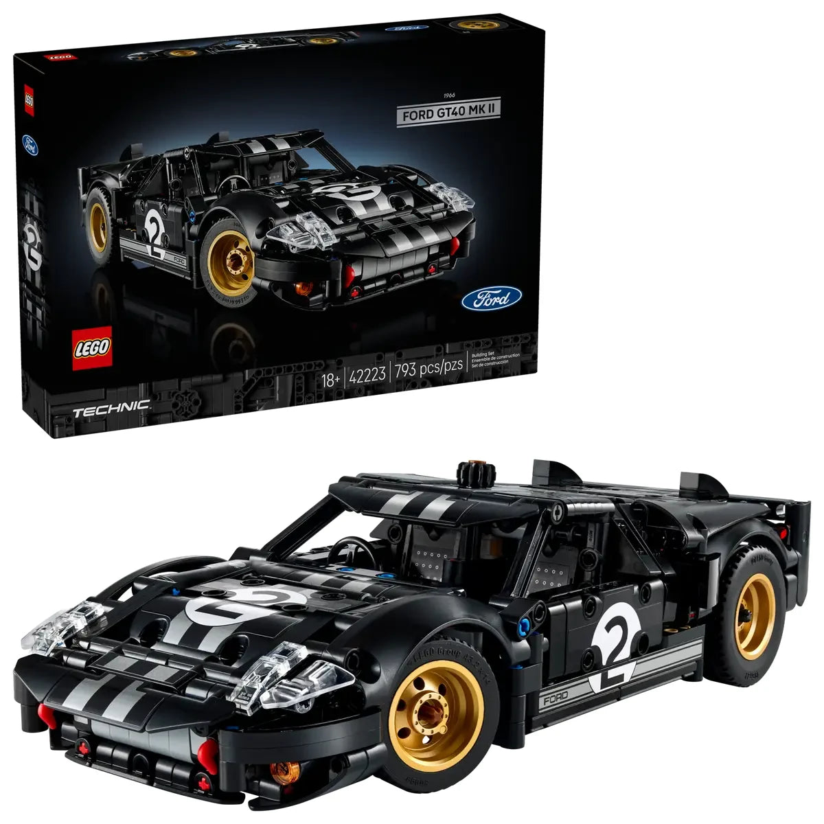 Caja trasera LEGO Technic Ford GT40 MKII 1966 mostrando funciones del modelo