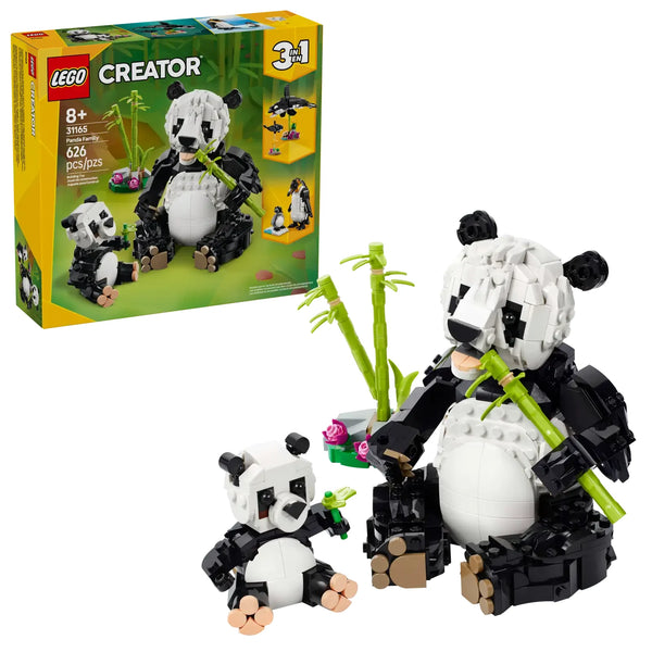 Caja del LEGO Creator 31165 Fauna Salvaje Familia de Pandas mostrando los tres modelos 3en1: panda articulado con su cría junto a bambú, orca con su bebé en bases transparentes y pingüino con polluelo en zona de hielo. Set de 626 piezas para niños a partir de 8 años.
