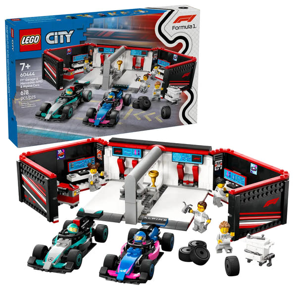 Caja del LEGO City 60444 Garaje de F1 con Coches Mercedes-AMG y Alpine mostrando el garaje portátil con asa de transporte, sistema de lanzamiento con palanca, taller equipado con bancos de trabajo, carros de herramientas, torre de neumáticos y 6 minifiguras (2 pilotos y 4 mecánicos). Set de 678 piezas para niños a partir de 7 años.
