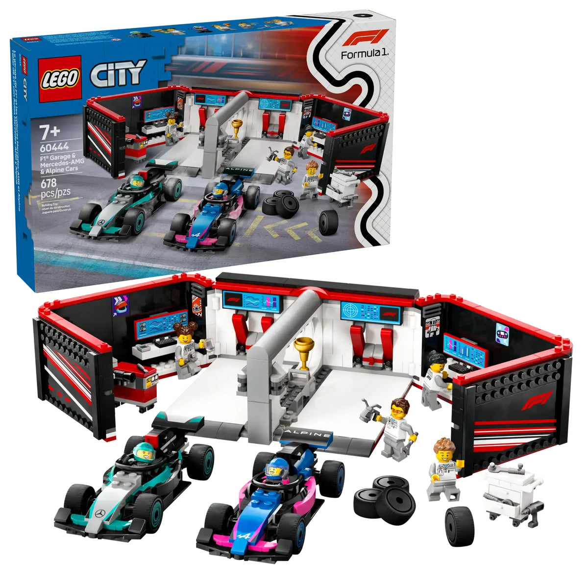 Caja del LEGO City 60444 Garaje de F1 con Coches Mercedes-AMG y Alpine mostrando el garaje portátil con asa de transporte, sistema de lanzamiento con palanca, taller equipado con bancos de trabajo, carros de herramientas, torre de neumáticos y 6 minifiguras (2 pilotos y 4 mecánicos). Set de 678 piezas para niños a partir de 7 años.
