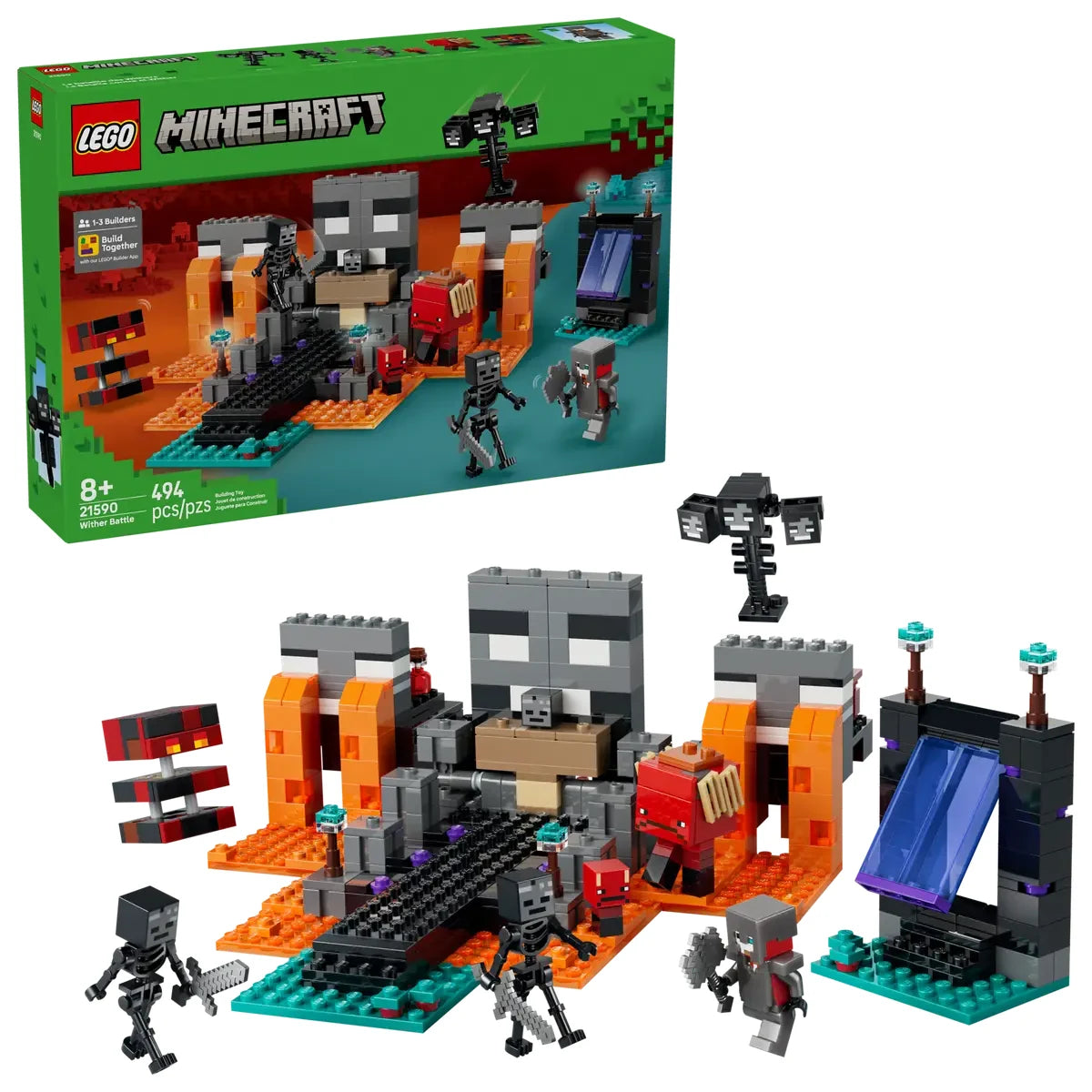 Caja trasera LEGO Minecraft La Batalla del Nether mostrando escenarios ref. 21590