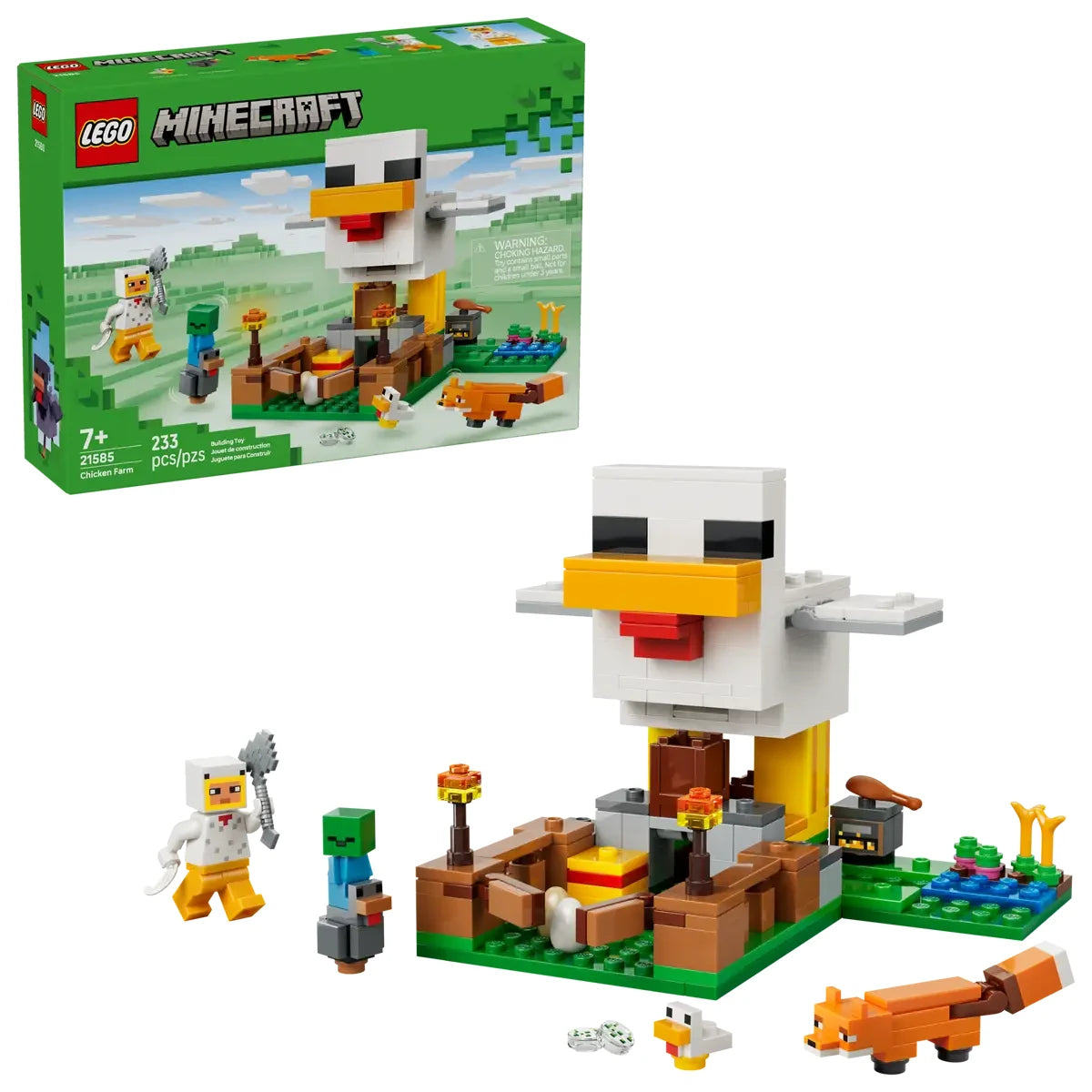 Caja trasera LEGO Minecraft La Granja de Pollos mostrando escenarios ref. 21585
