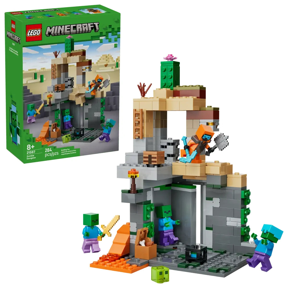 Caja trasera LEGO Minecraft La Mazmorra Zombi mostrando escenarios ref. 21587