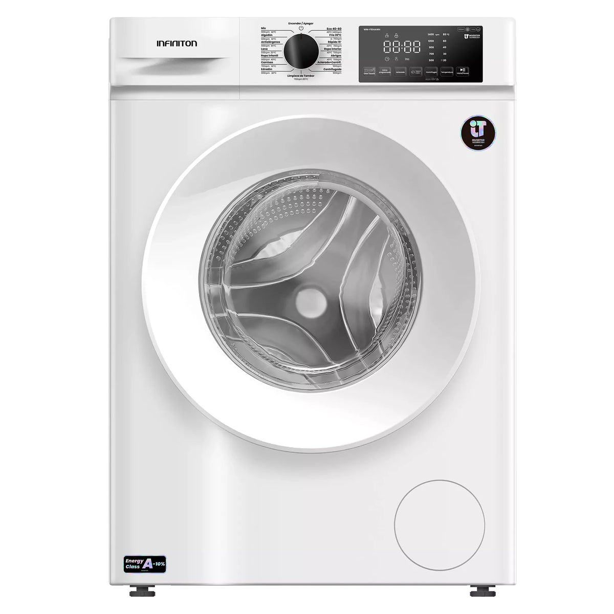 Lavadora Infiniton WMF104AWH de 10 kg, carga frontal, 1400 rpm, clase A-10%, motor Inverter, color blanco