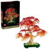 Set LEGO 10348 Bonsái de Arce Rojo Japonés con caja de fondo oscuro y árbol montado en tonos rojos y naranjas.